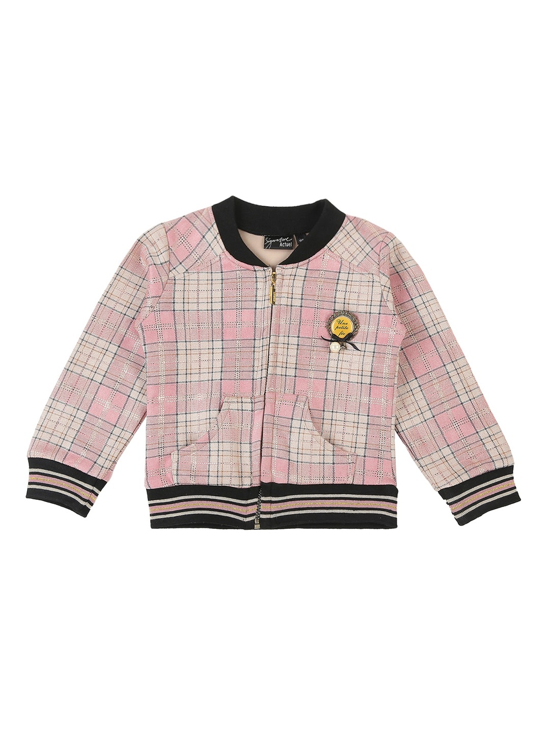 

Actuel Girls Geometric Checked Pure Cotton Bomber with Patchwork Jacket, Pink