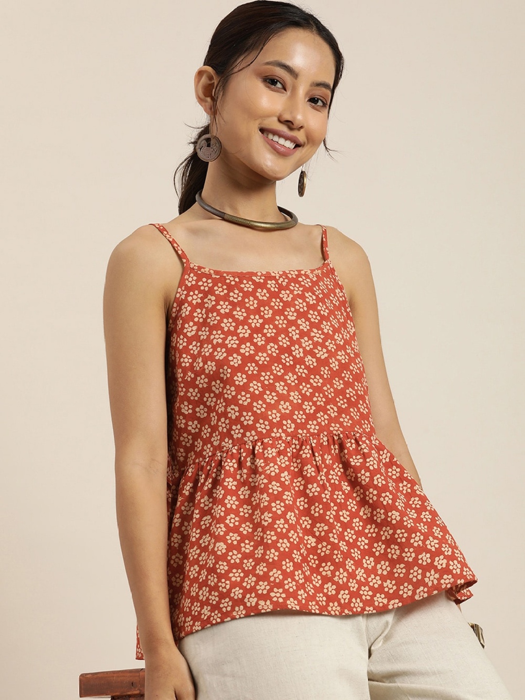 

Taavi Bagru Shoulder Straps Floral Printed Pure Cotton Cotton Peplum Top, Rust