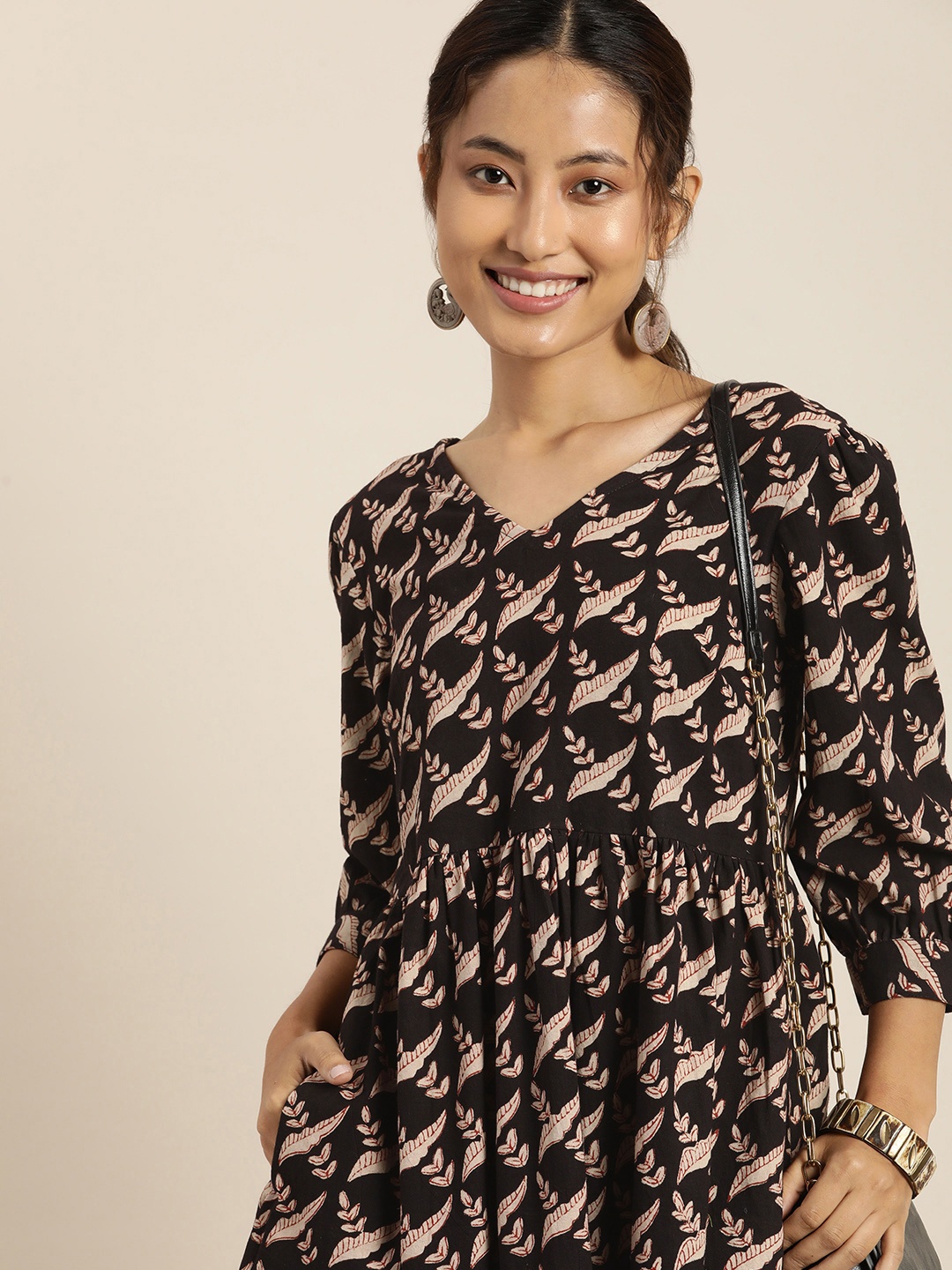 

Taavi Bagru Ethnic Motifs Printed Pure Cotton A-Line Dress, Brown