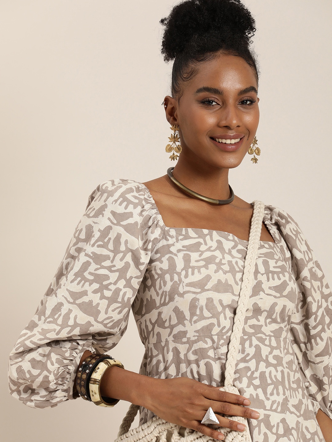 

Taavi Ethnic Motifs Indigo Hand Block Print Bishop Sleeve Pure Cotton A-Line Dress, Beige