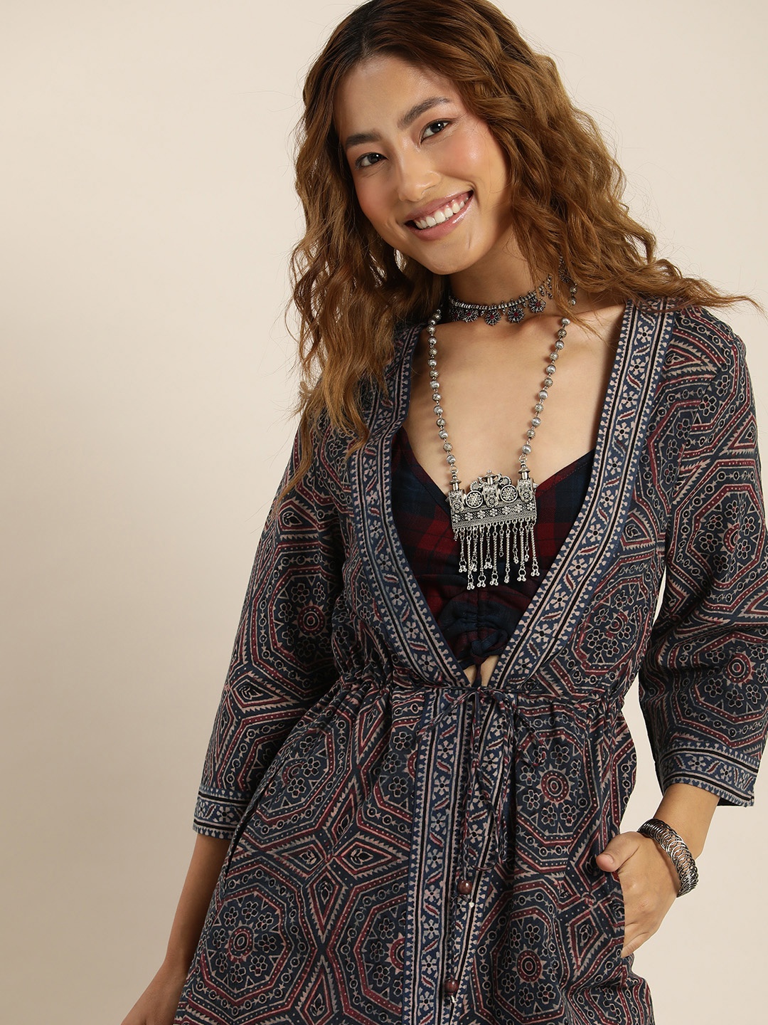 

Taavi Ajrakh Print Pure Cotton Longline Tie-Up Shrug, Blue