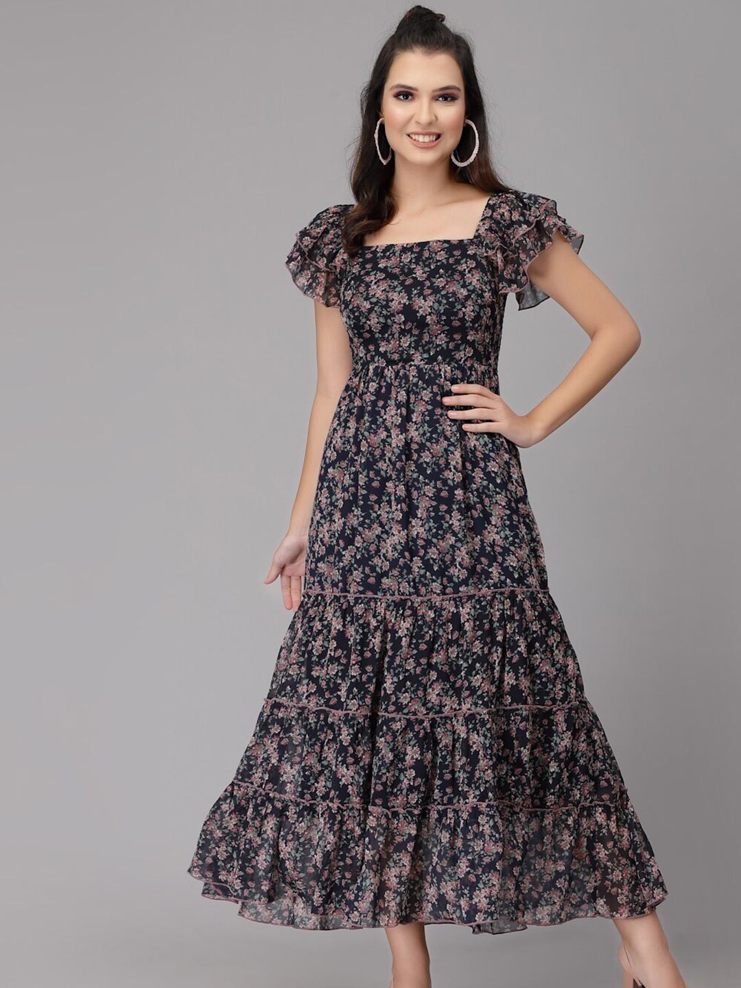 

Strong And Brave Odour Free Floral Tiered Georgette Maxi Dress, Navy blue