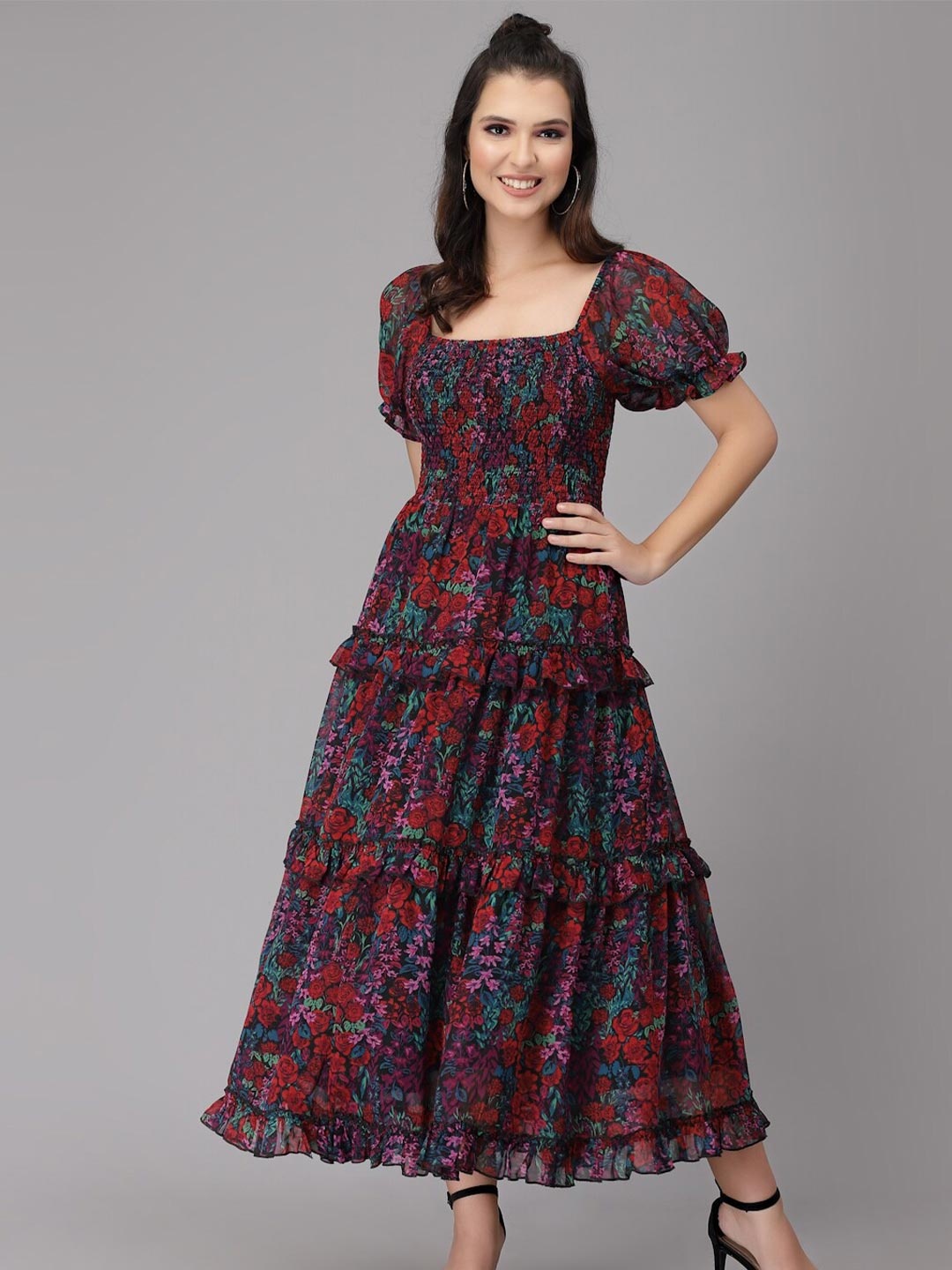 

Strong And Brave Odour Free Floral Tiered Puff Sleeve Maxi Dress, Black