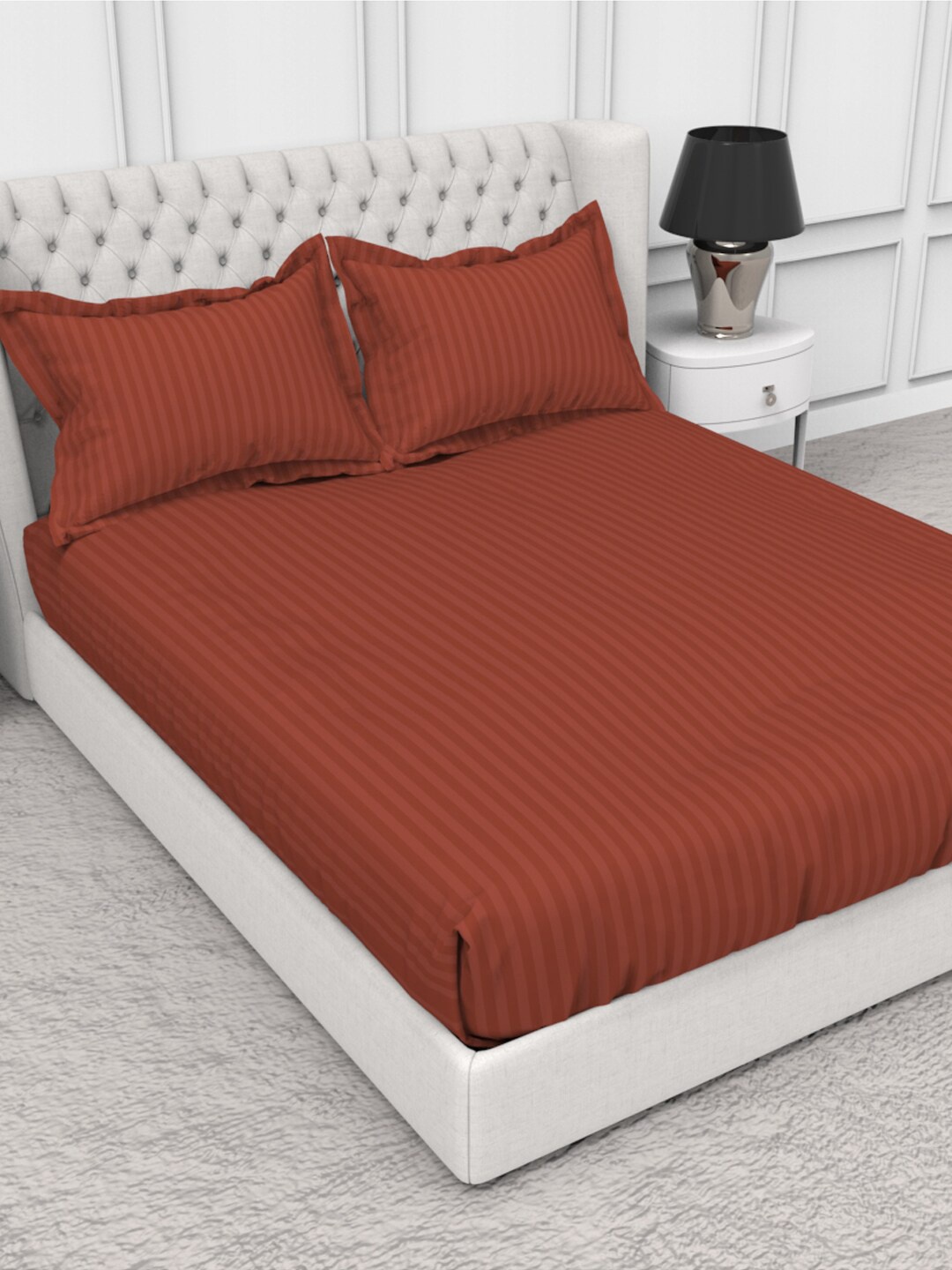 

THE WHITE MOSS Blanc Orange Striped Pure Cotton 210 TC King Bedsheet with 2 Pillow Covers