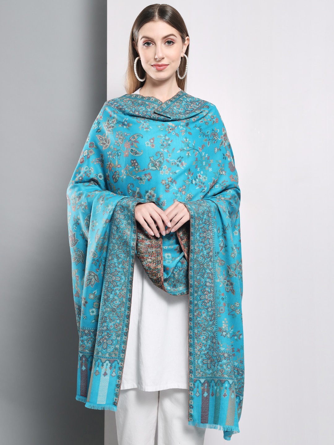 

Zamour Women Kani Woven-Design Woolen Shawl, Blue