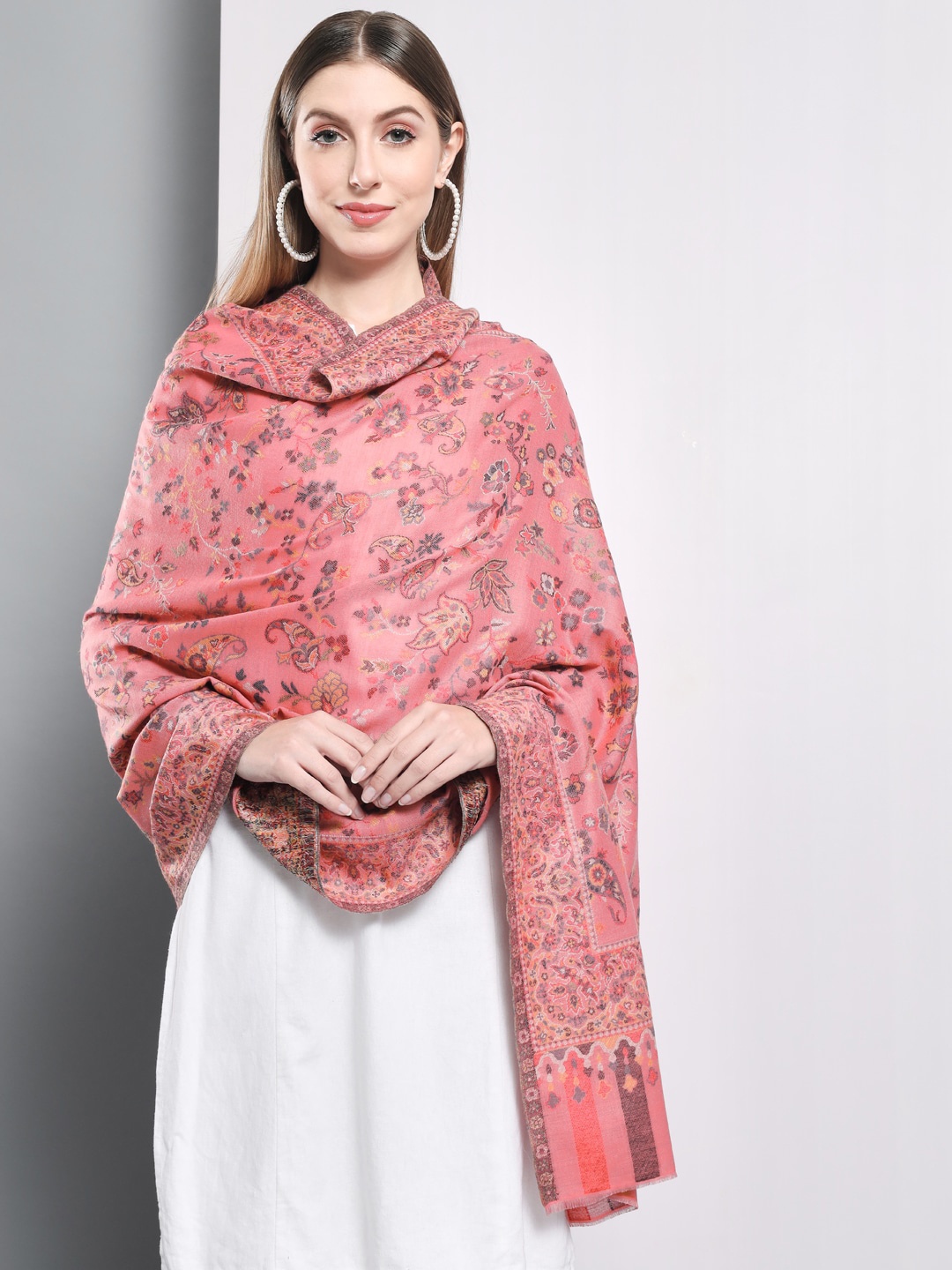 

Zamour Women Kani Woven-Design Woolen Shawl, Peach