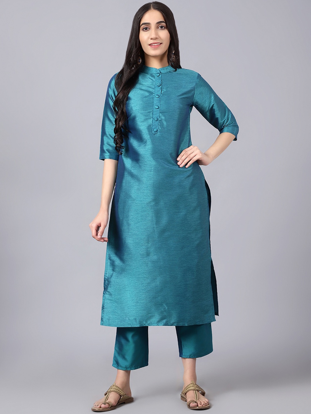 V TRADITION Women Mandarin Collar Kurta with Trousers, Blue