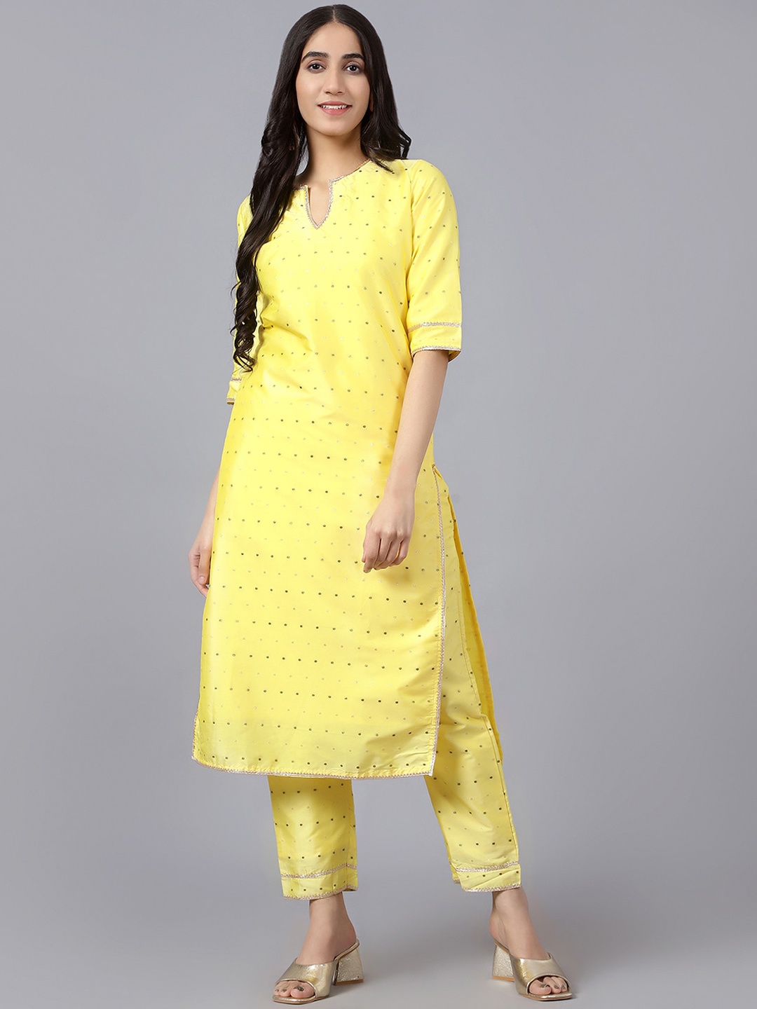 

V TRADITION Women Printed Chanderi Silk Kurta With Trousers, Yellow