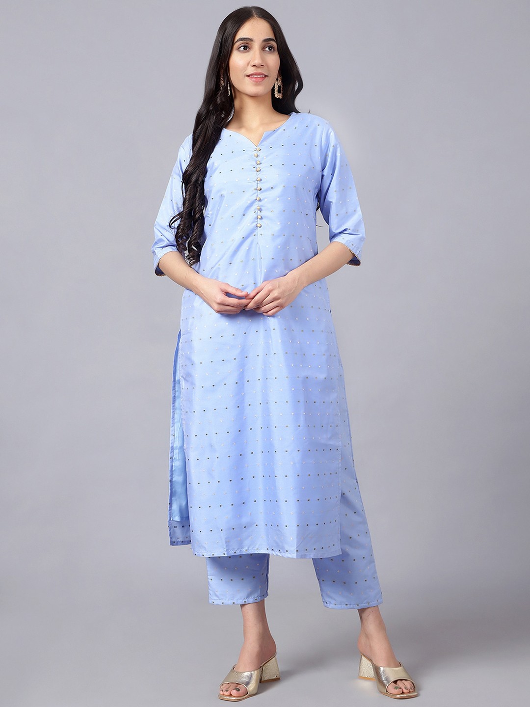 

V TRADITION Women Printed Chanderi Silk Kurta With Trousers, Blue
