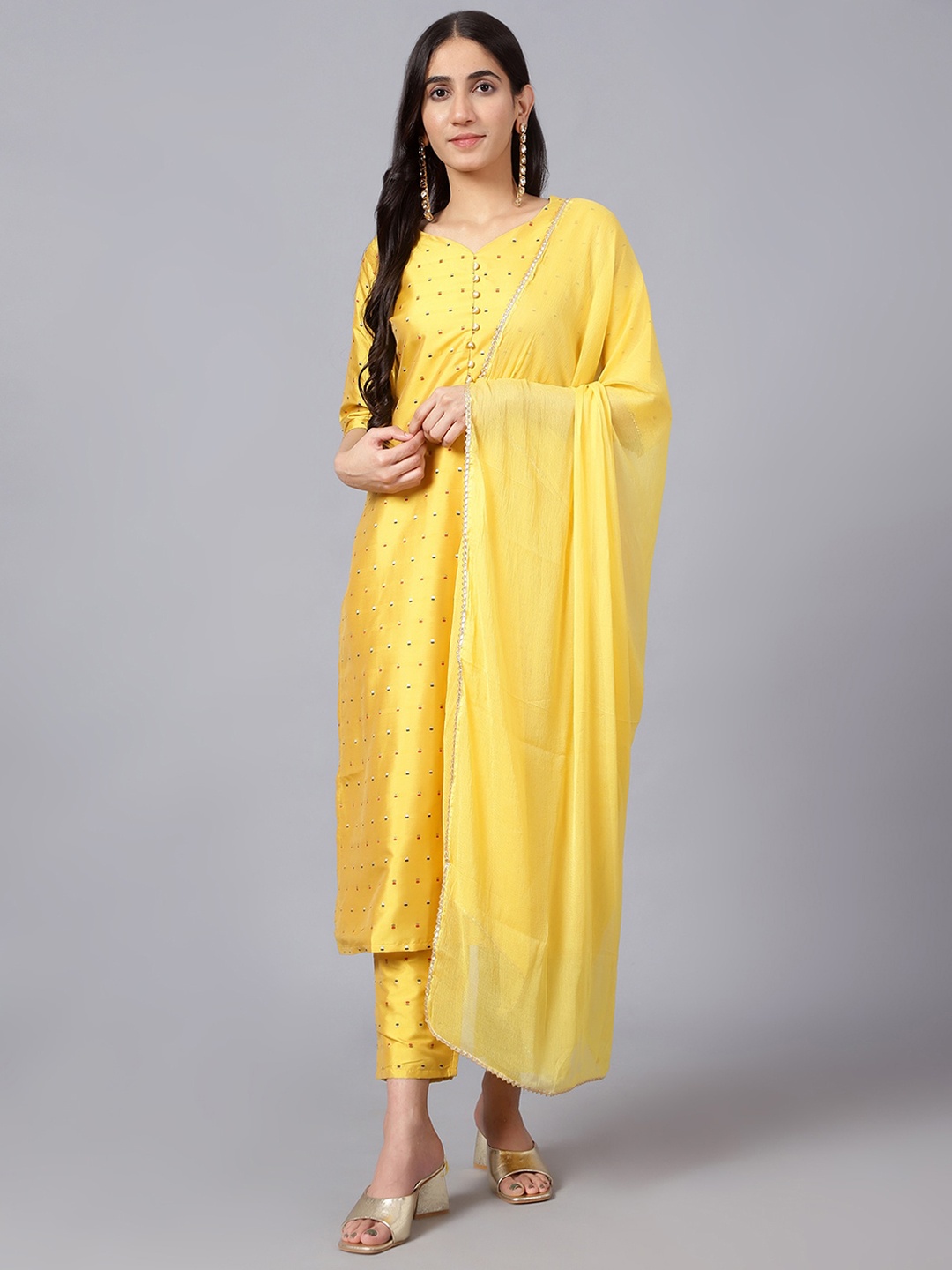 

V TRADITION Women Printed Chanderi Silk Kurta With Trousers, Yellow