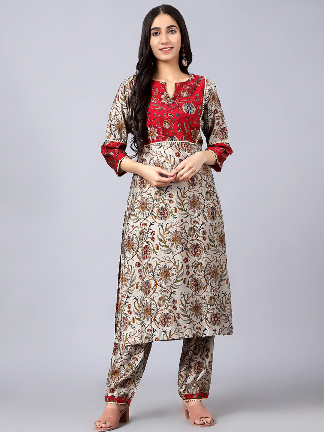 

V TRADITION Floral Printed Straight Kurta with Trousers, Grey