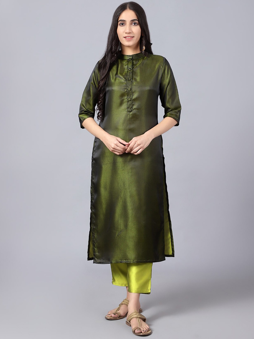 

V TRADITION Mandarin Collar Art Silk Straight Kurta with Trousers, Green