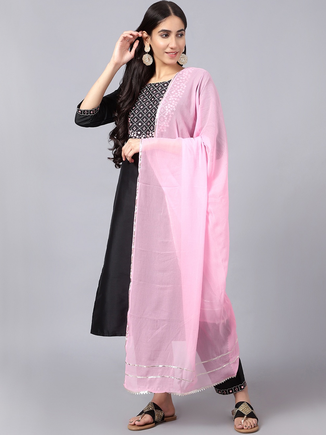 

V TRADITION Embroidered Straight Kurta with Trousers & With Dupatta, Black
