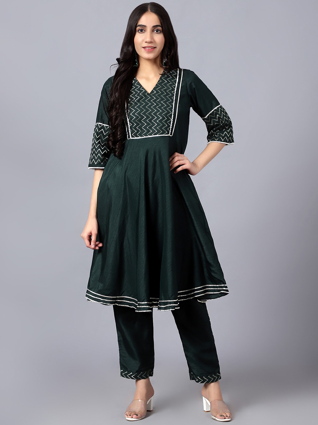V TRADITION Embroidered V-Neck A-Line Kurta with Trousers, Green