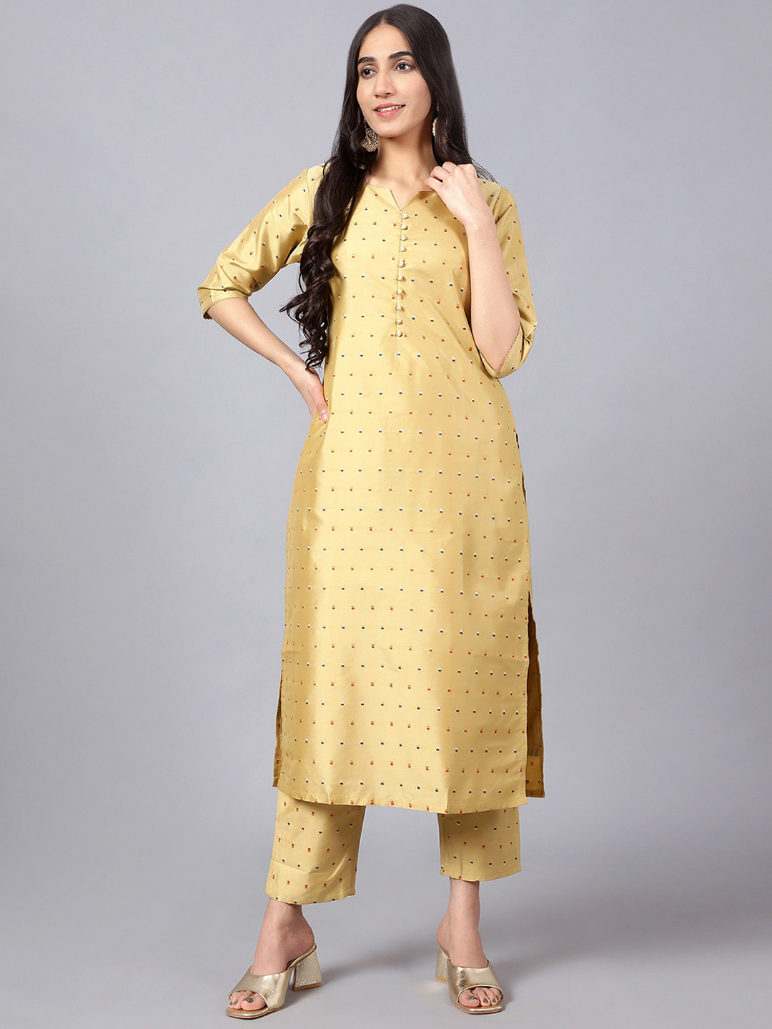 

V TRADITION Women Geometric Printed Chanderi Silk Kurta with Trousers & Dupatta, Gold