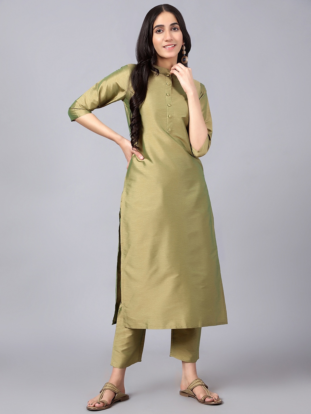 

V TRADITION Mandarin Collar Art Silk Straight Kurta with Trousers, Green