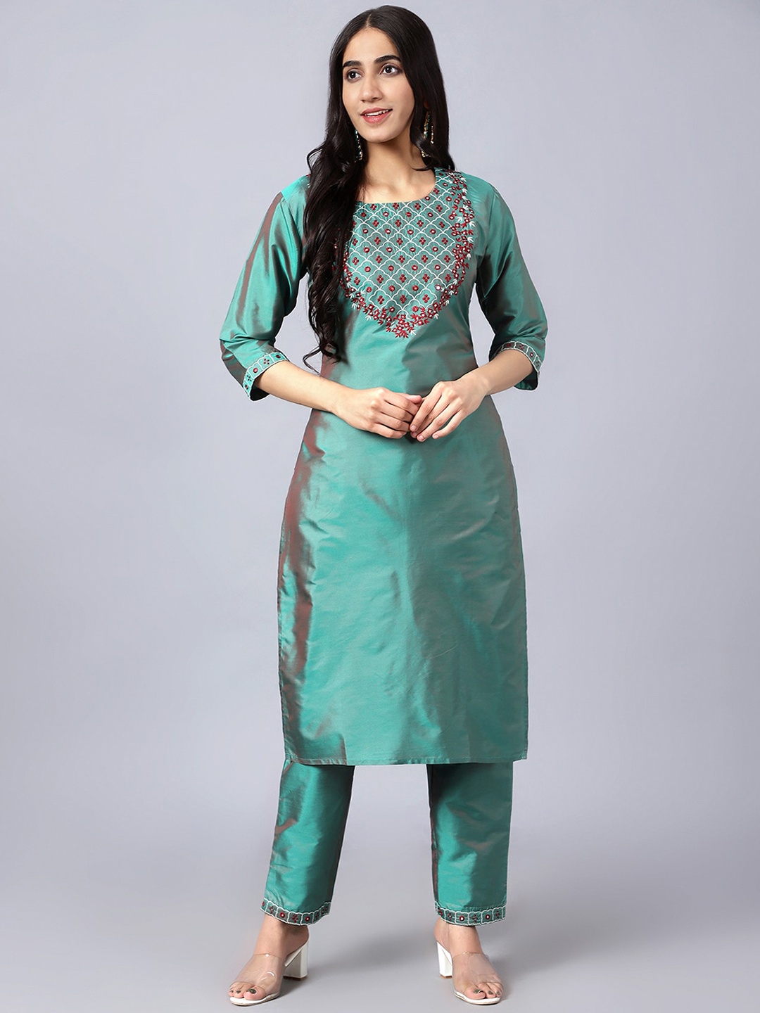 

V TRADITION Yoke Design Mirror Work Straight Kurta with Trousers, Teal