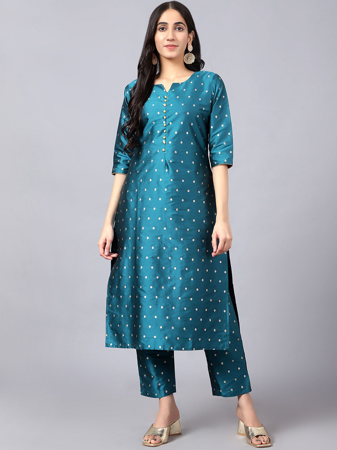 

V TRADITION Bandhani Printed Chanderi Silk Straight Kurta with Trousers & With Dupatta, Teal