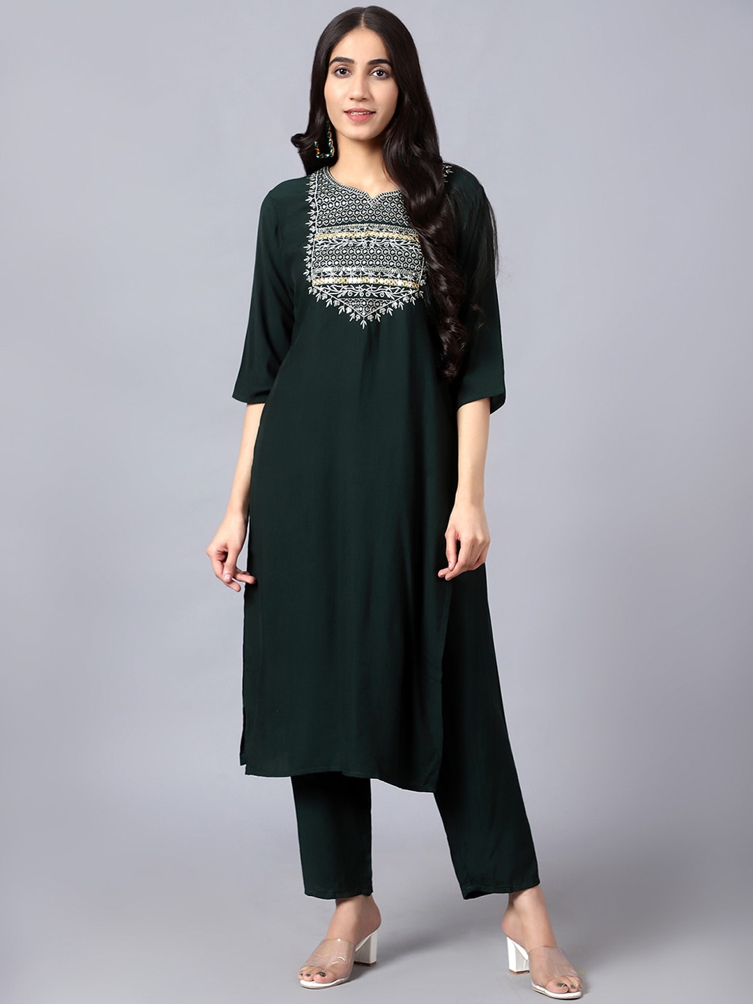 V TRADITION Embroidered Straight Kurta with Trousers, Green