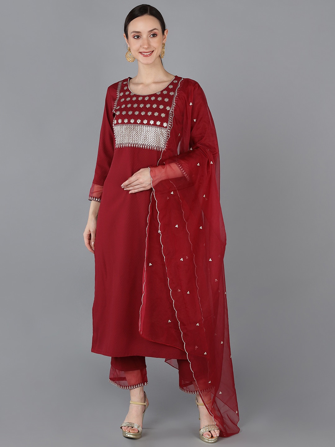 

AHIKA Women Yoke Design Sequinned Kurta with Trousers & Dupatta, Red
