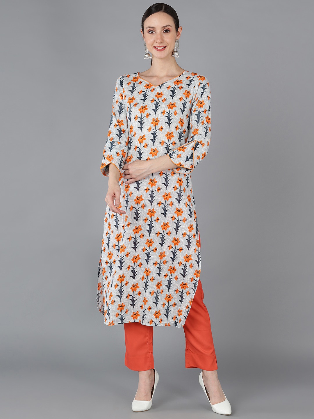 

AHIKA Floral Printed Keyhole Neck Cotton Kurta, Off white