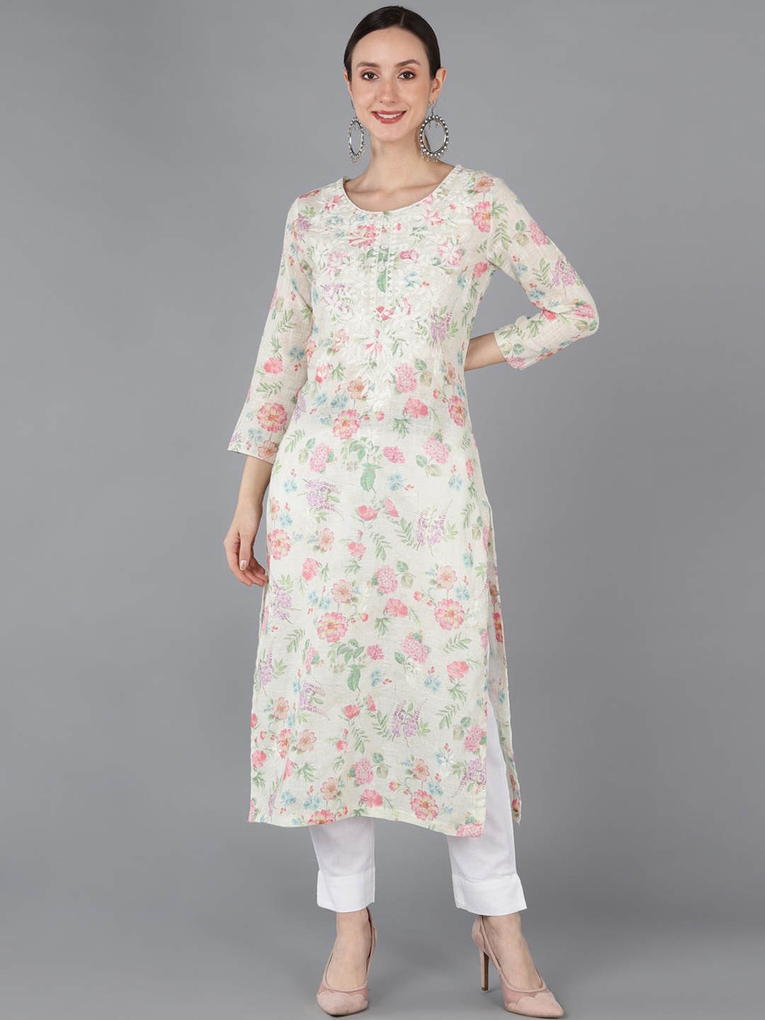 

AHIKA Floral Printed Round Neck Kurta, White