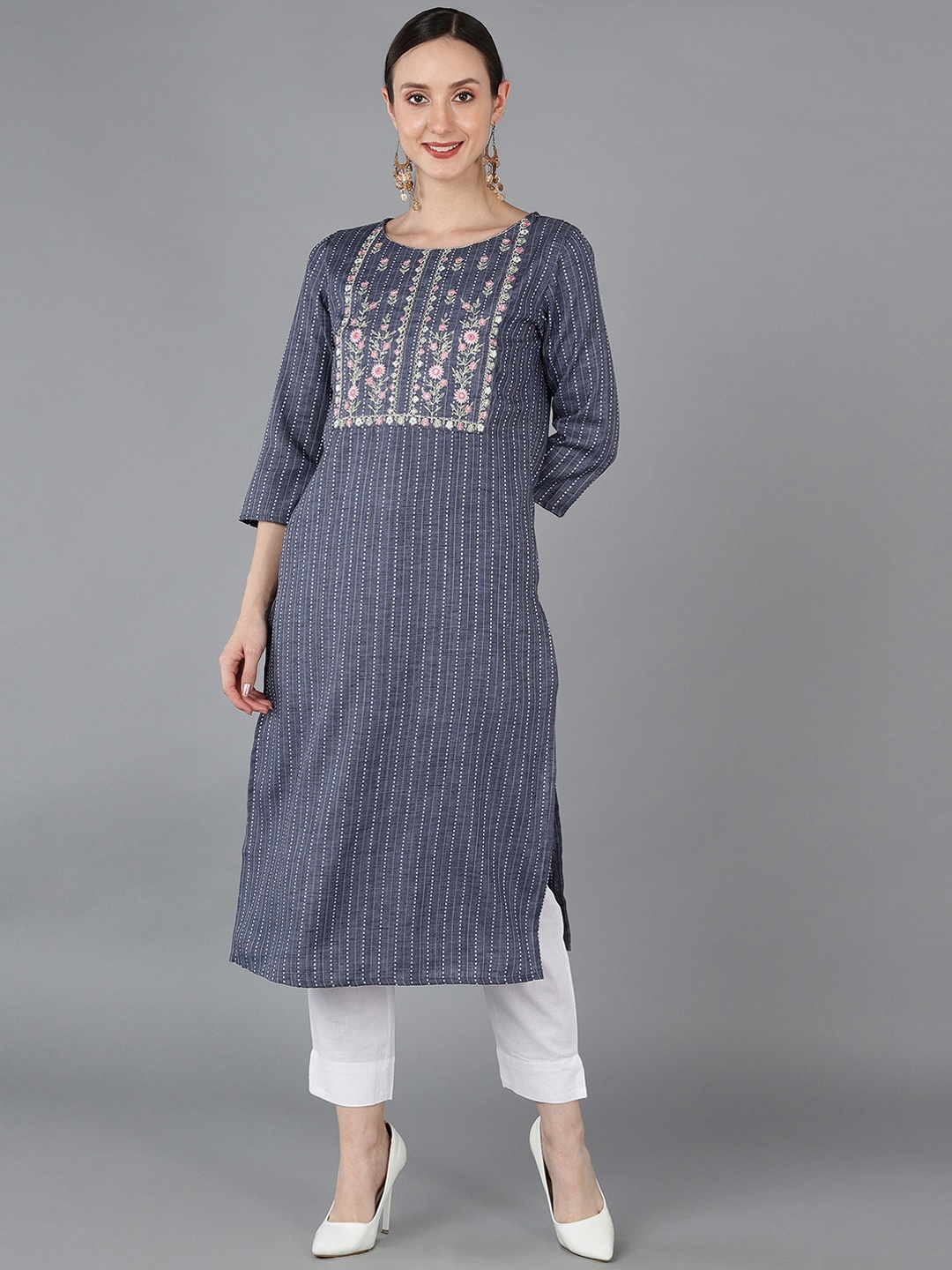 

AHIKA Striped Thread Work Round Neck Regular Cotton Kurta, Blue