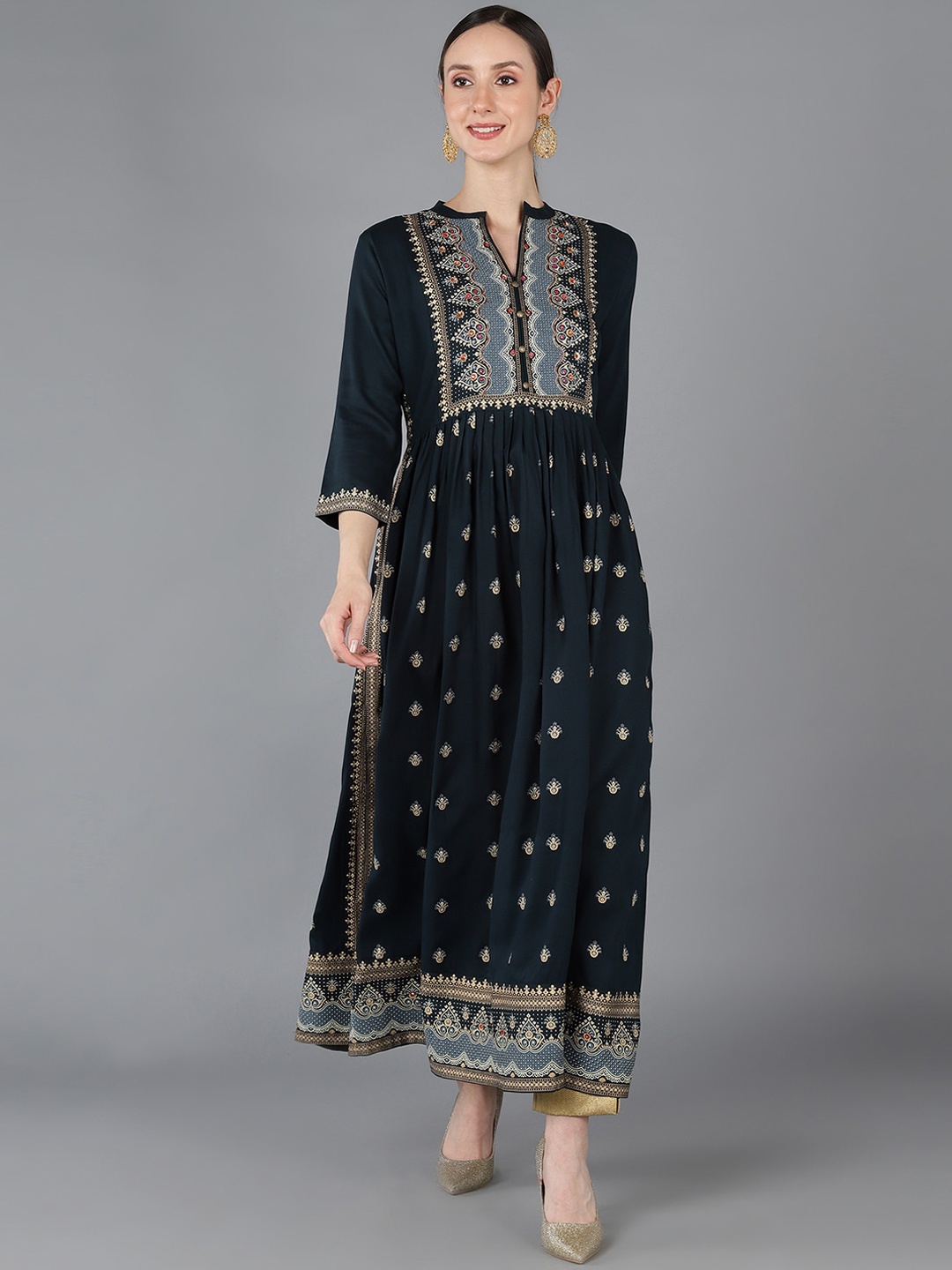 

AHIKA Ethnic Printed Mandarin Collar Anarkali Kurta, Teal