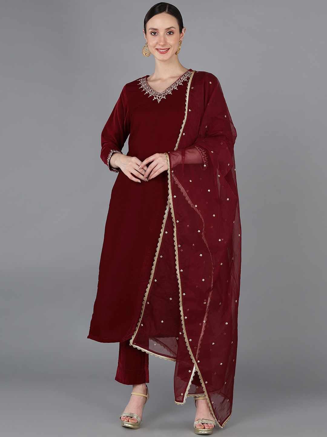 

AHIKA Velvet Kurta with Trousers & With Dupatta, Maroon