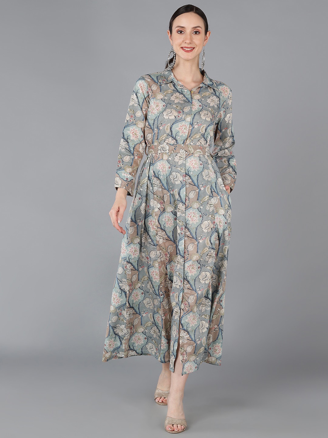 

AHIKA Floral Pure Cotton Midi Dress, Grey