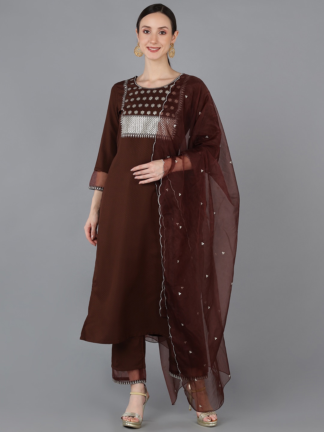

AHIKA Yoke Design Sequinned Kurta with Trousers & Dupatta, Brown