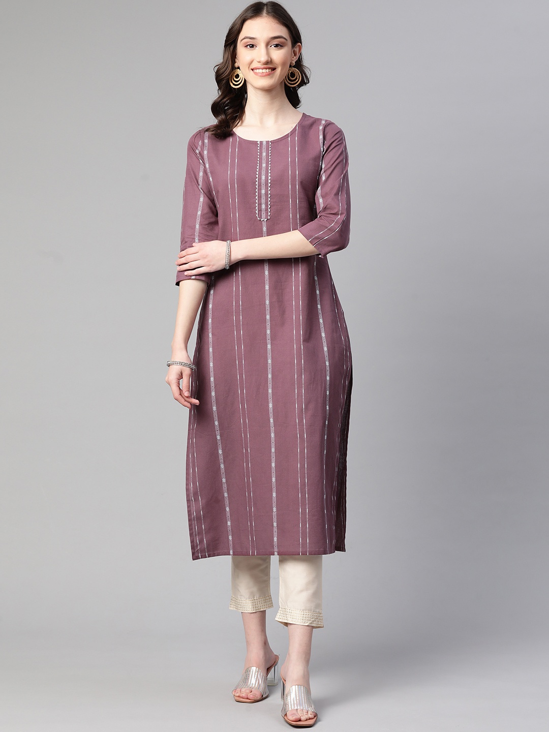 

Cottinfab Women Burgundy & White Striped Gotta Patti Kurta