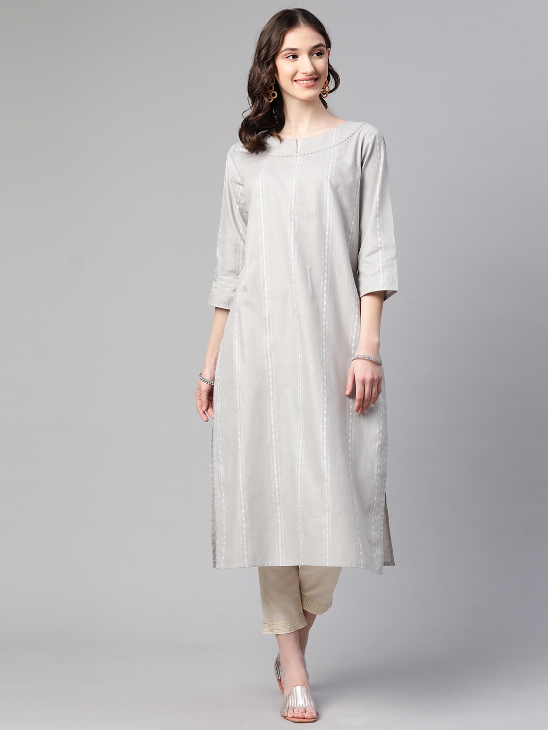 

Cottinfab Women Grey & White Striped Gotta Patti Kurta