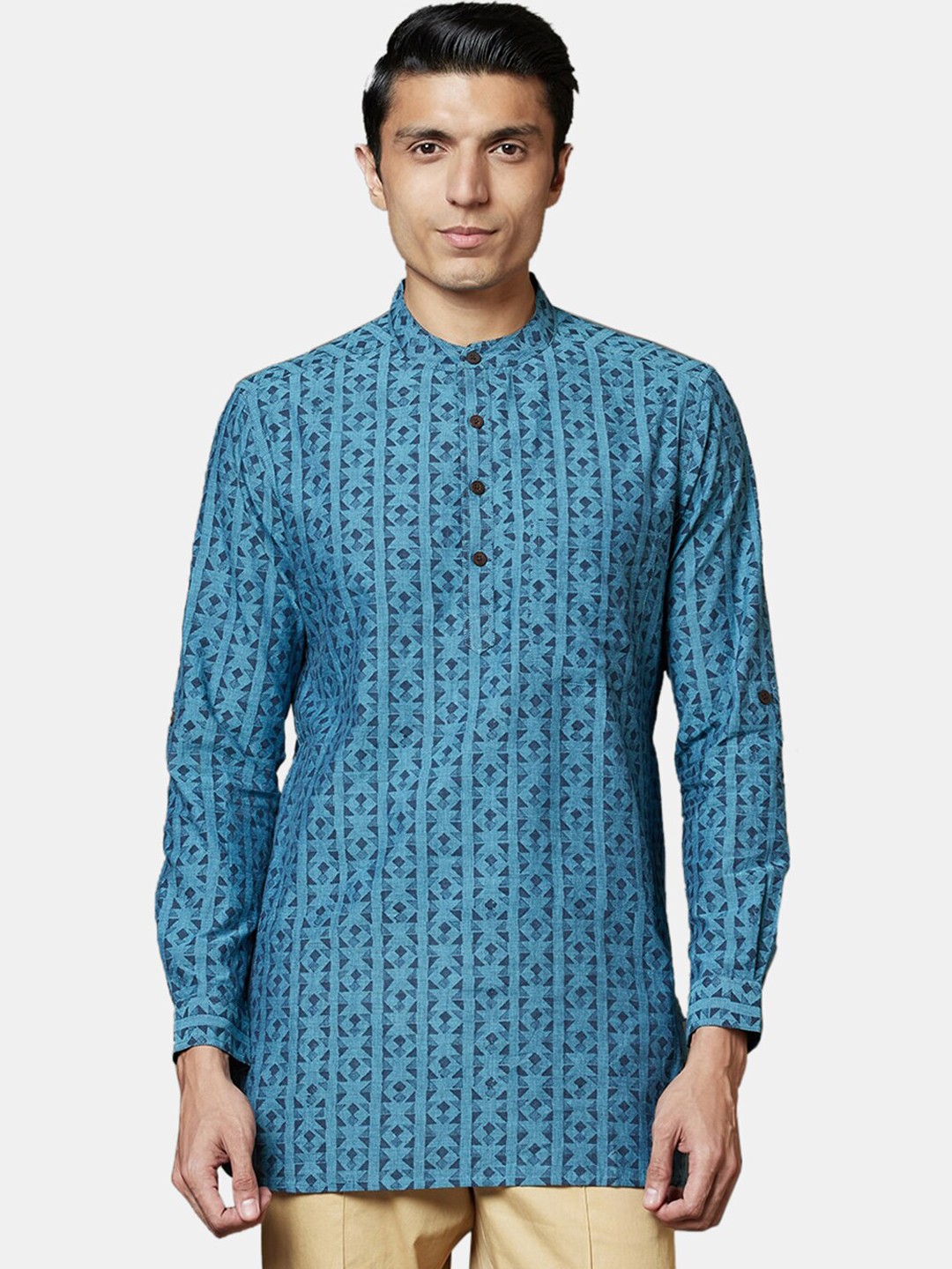 

Fabindia Mandarin Collar Long Sleeve Printed Cotton Kurta, Navy blue