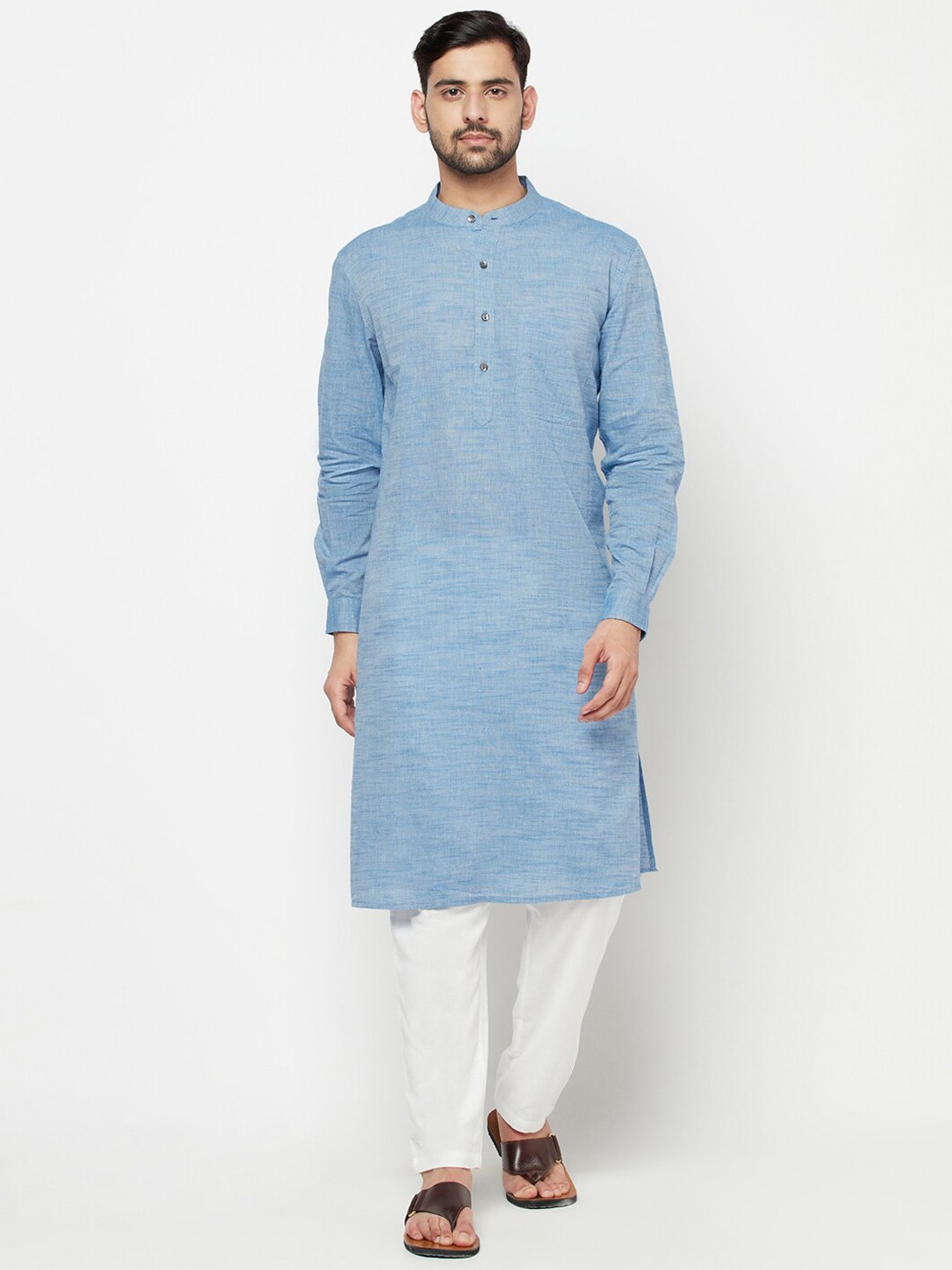 

Fabindia Band Collar Long Sleeve Thread Work Cotton Kurta, Blue