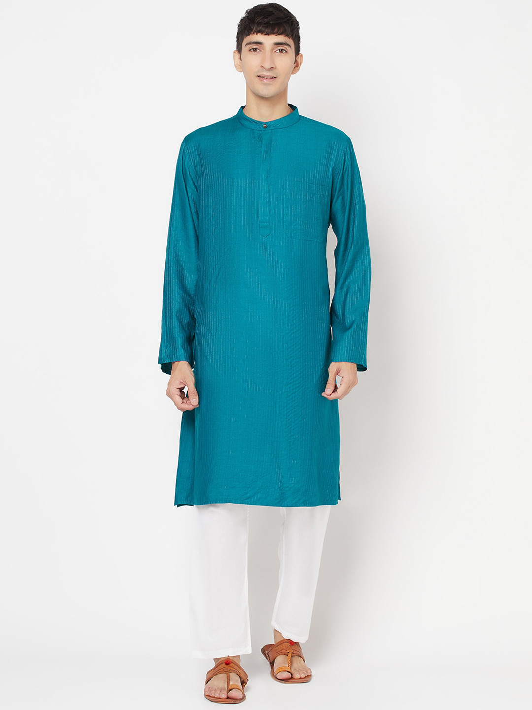 

Fabindia Striped Mandarin Collar Long Sleeve Kurta, Teal