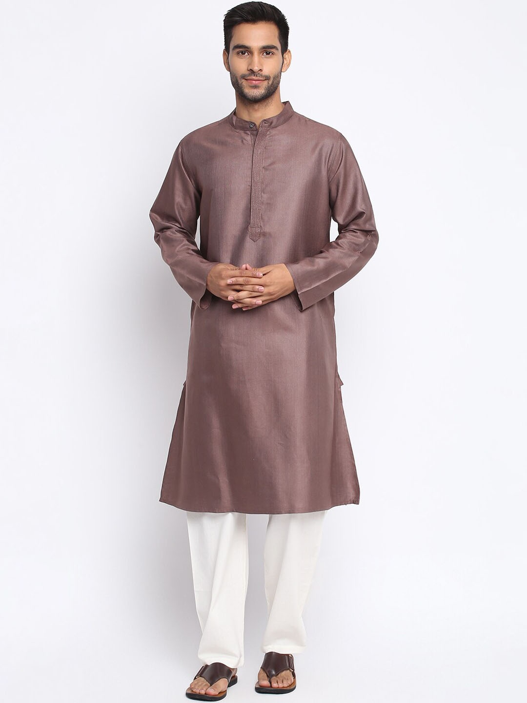 

Fabindia Band Collar Long Sleeves Silk Kurta, Brown