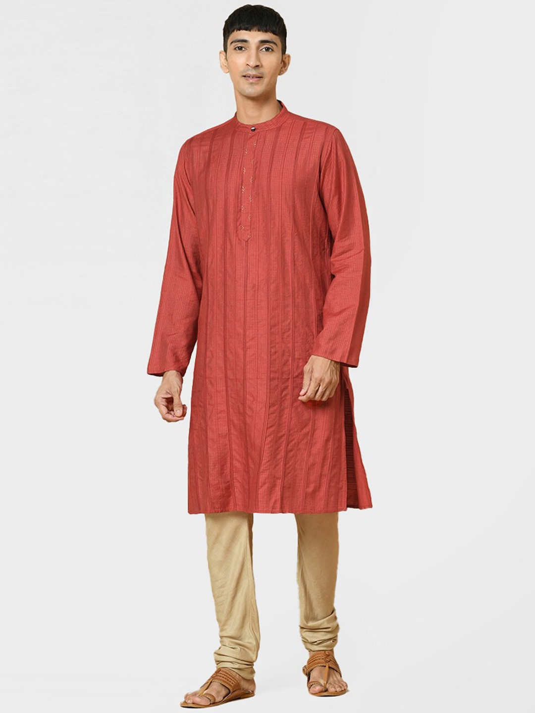 

Fabindia Men Striped Woven Design Kurta, Red