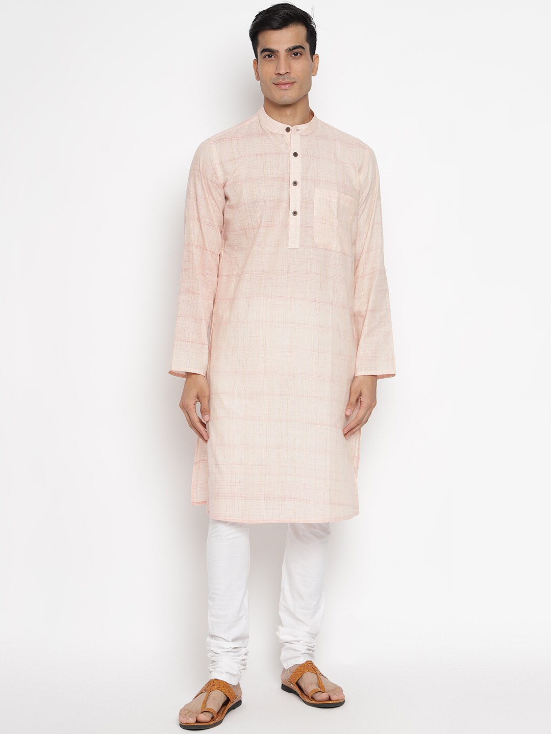 

Fabindia Mandarin Collar Striped Cotton Kurta, Red