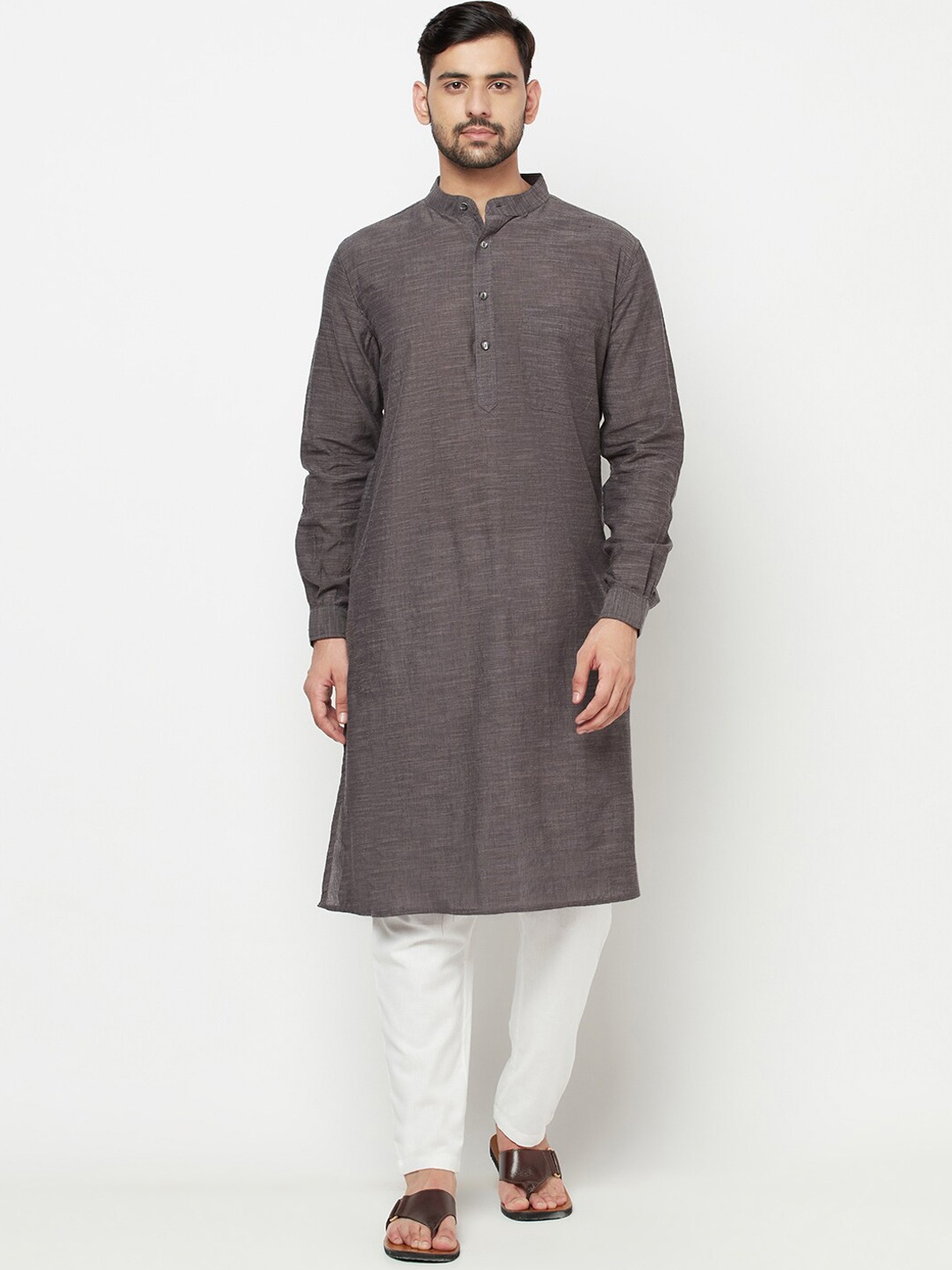 

Fabindia Woven Design Mandarin Collar Kurta, Black