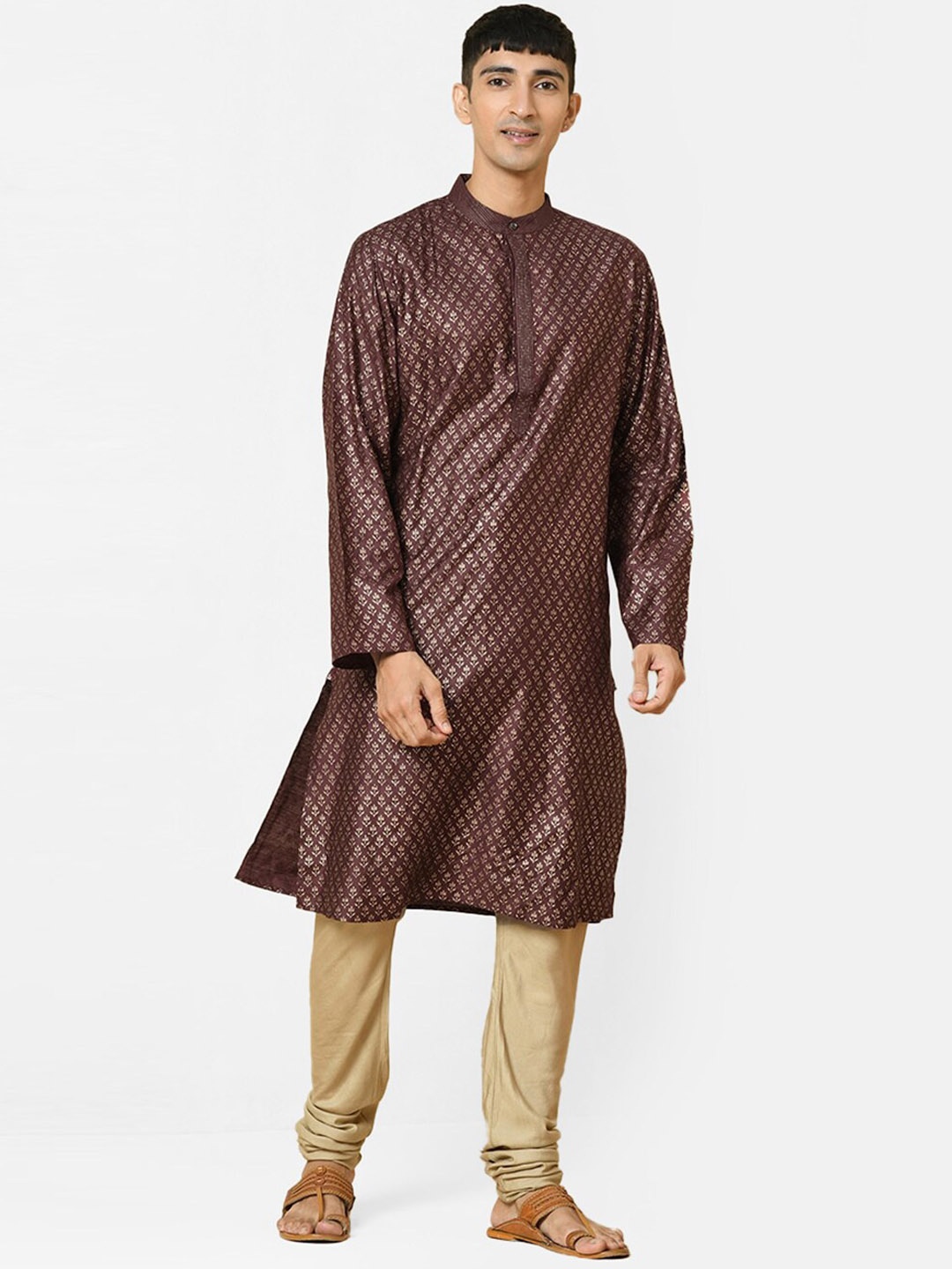 Fabindia Men Geometric Woven Design Kurta, Burgundy