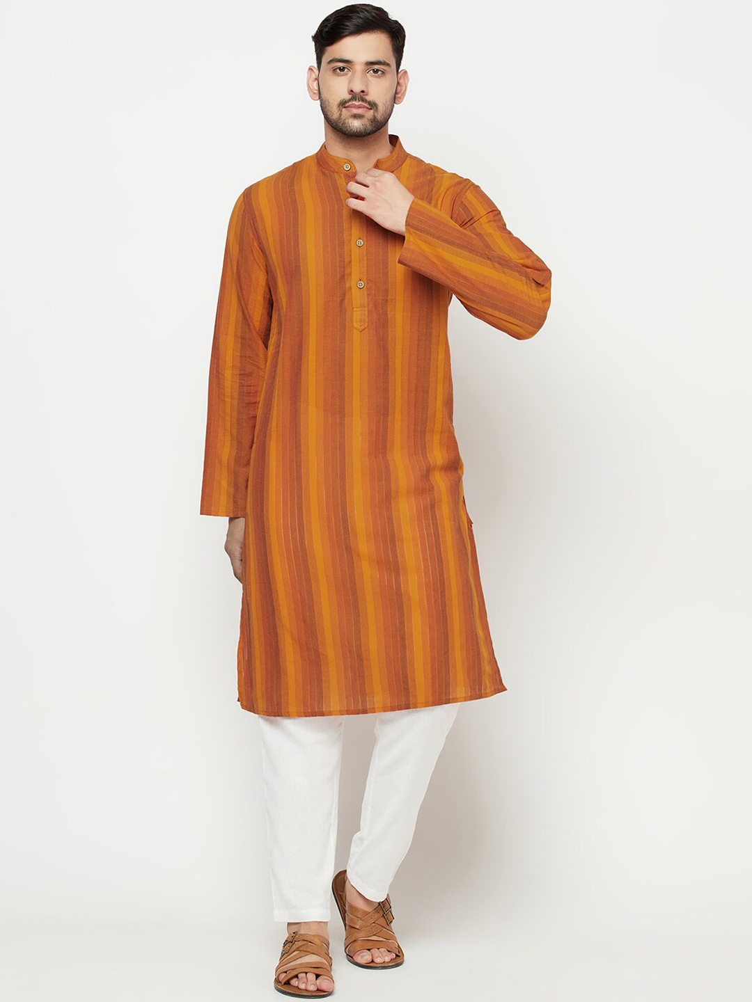 

Fabindia Striped Mandarin Collar Cotton Kurta, Rust