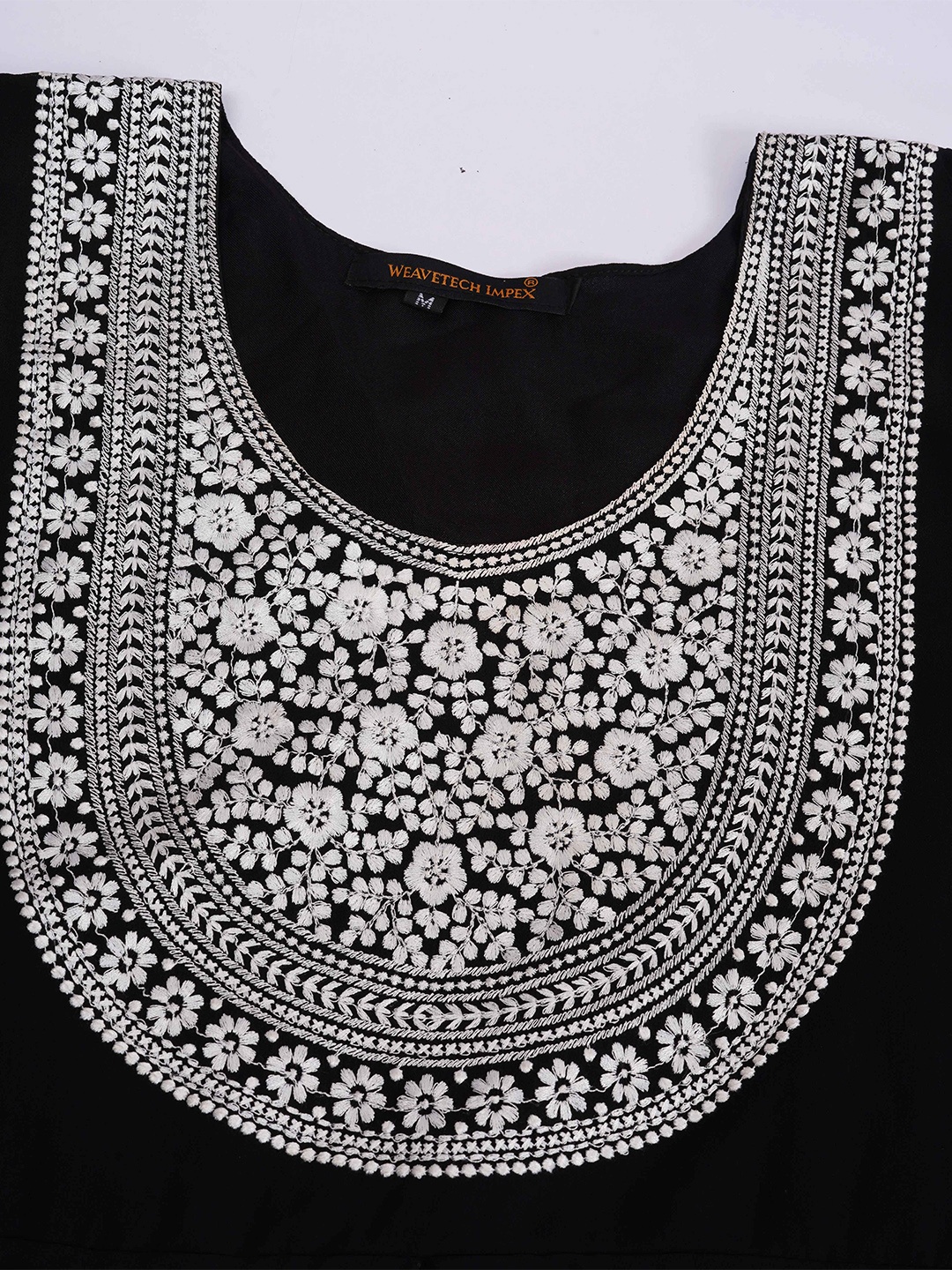 

WEAVETECH IMPEX Woman Heavy Embroderied Chikankari Work Georgette Longline Top, Black