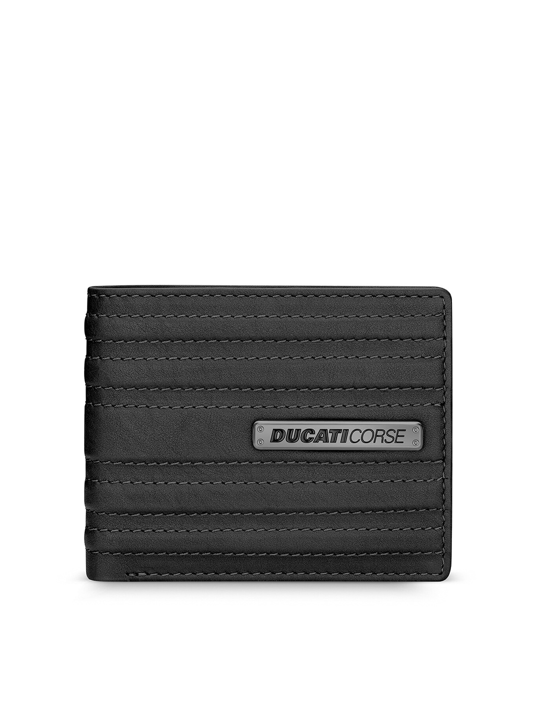 

DUCATI CORSE Men Striped Leather Two Fold Wallet, Black