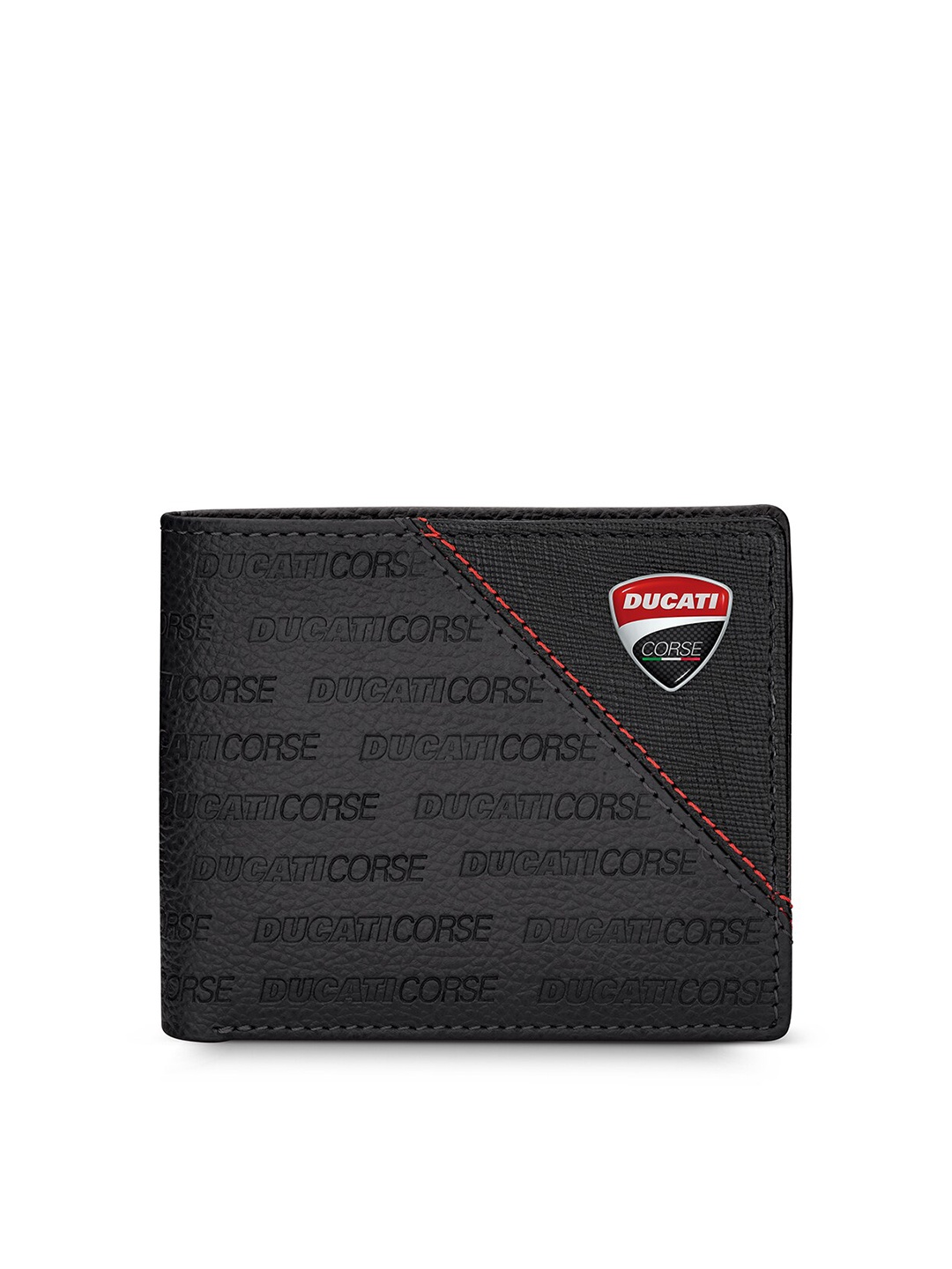 

DUCATI CORSE Men Typography Textured Leather Two Fold Wallet, Black