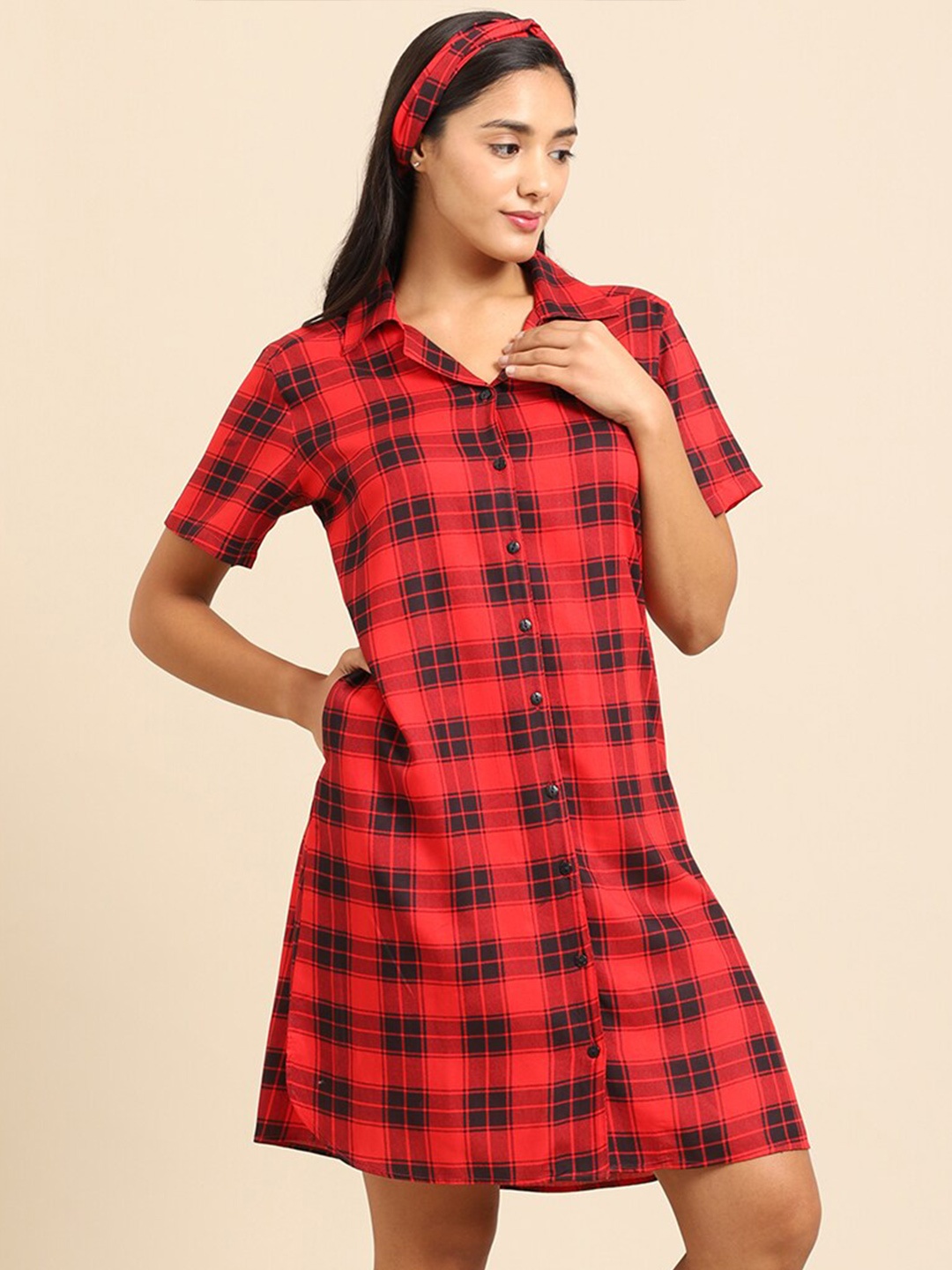 

ETC Checked Pure Cotton Nightdress, Red