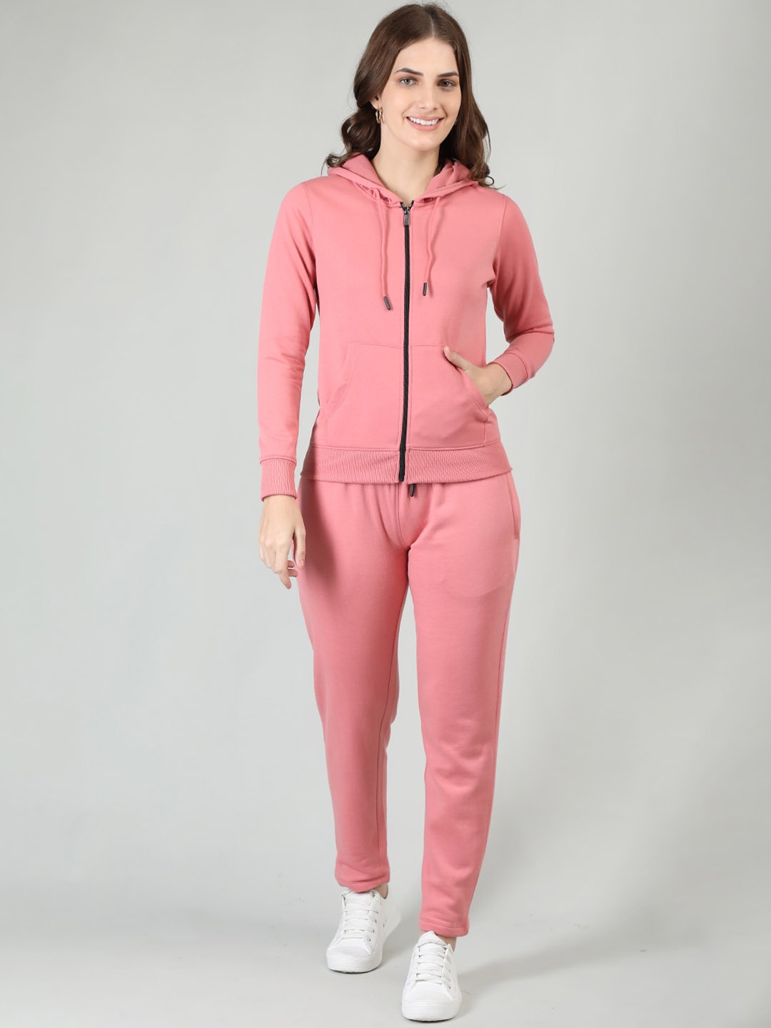 

Plagg Women Solid Sweatshirt with Trousers Co-Ords Set, Pink