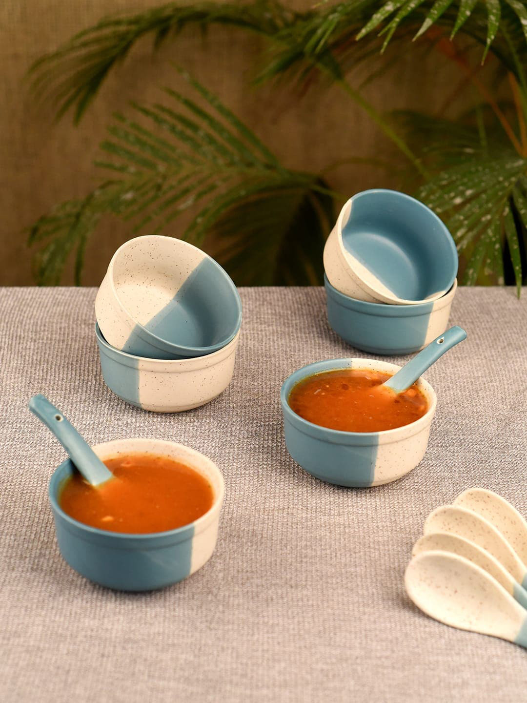 

Unravel India Set Of 6 Blue & Cream Colorblocked Ceramic Serving Bowl With Spoons
