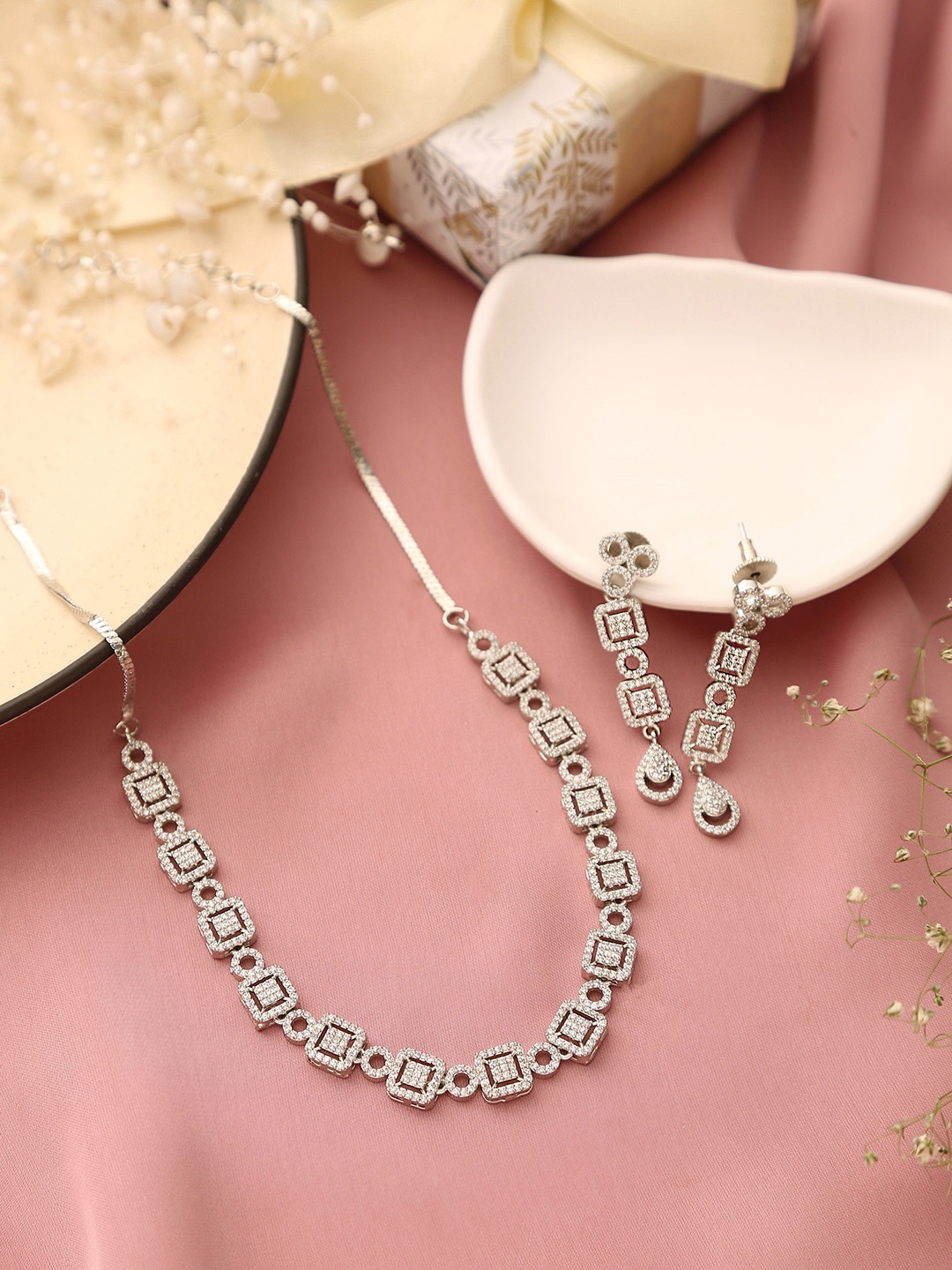 

Klissaa Rhodium-Plated AD-Studded Jewellery Set, Silver