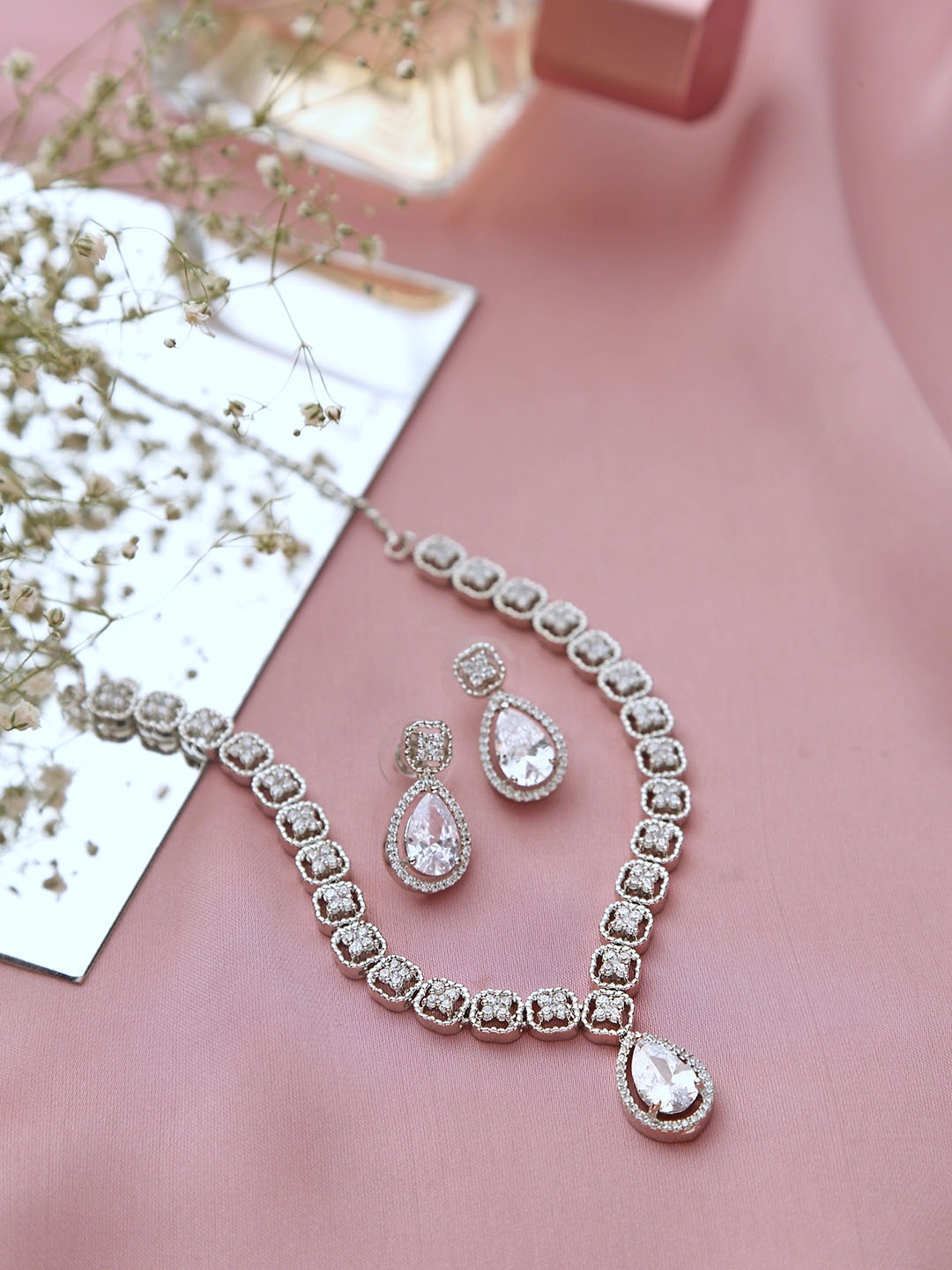 

Klissaa Rhodium-Plated AD-Studded Jewellery Set, Silver